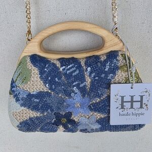 Haute Hippie Floral Sequin Blue Crochet Handbag with Wooden Handle NWT